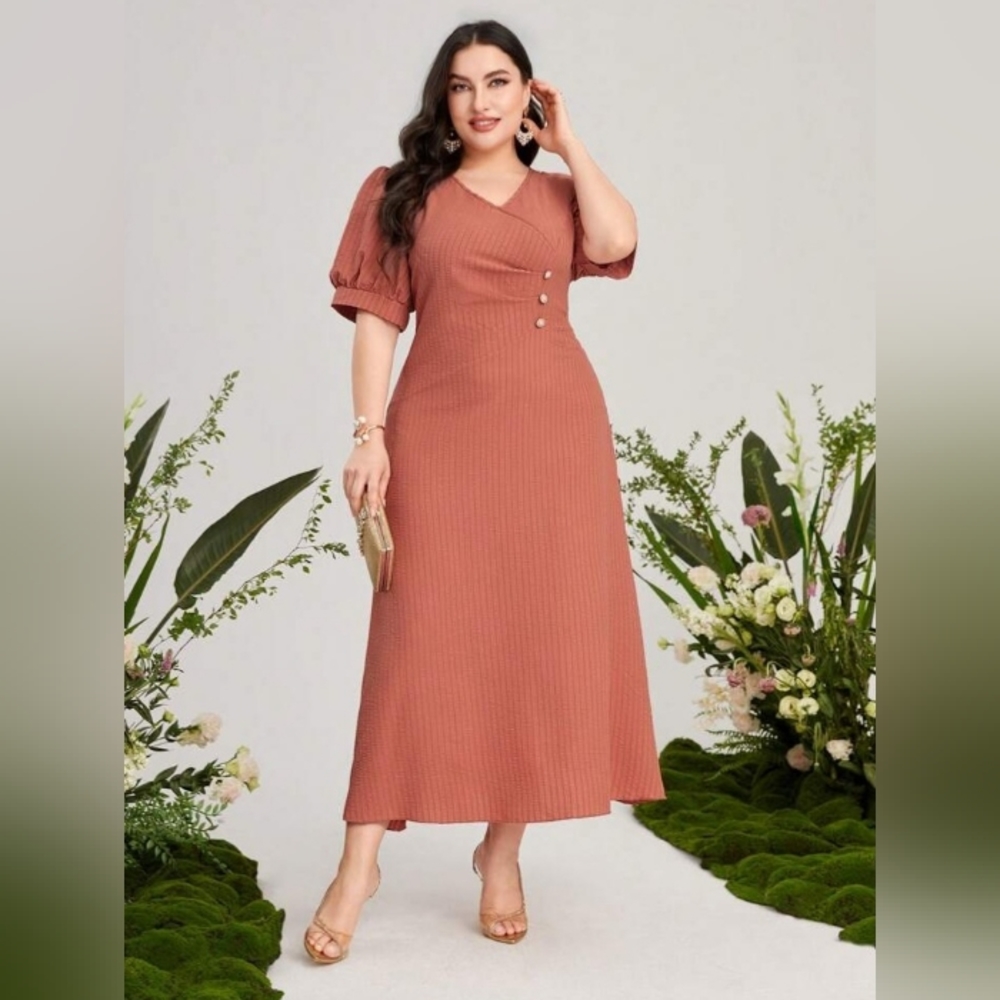 Shein • Women's "Modely" Plus Size Puff Sleeve Button Detail A-Line Dress